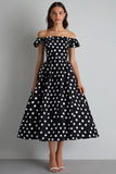 Black White Polka Dot Off The Shoulder Graduation Dress
