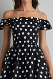 Black White Polka Dot Off The Shoulder Graduation Dress