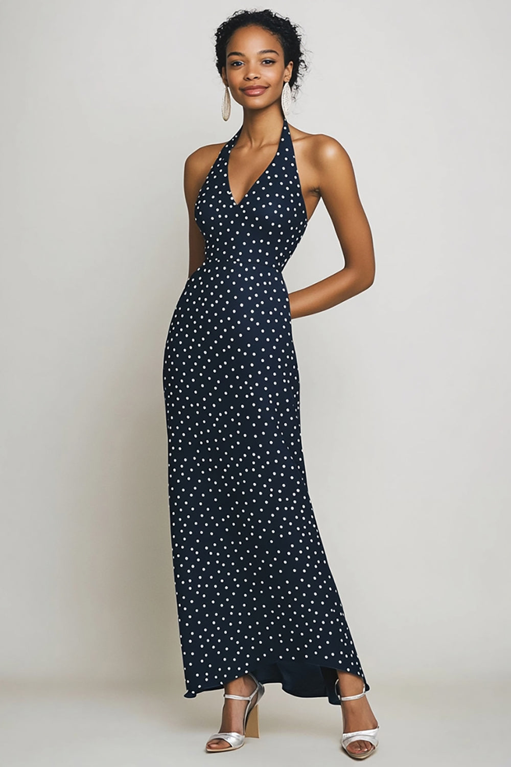 Navy White Sheath Halter Polka Dot Dress