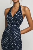 Navy White Sheath Halter Polka Dot Dress