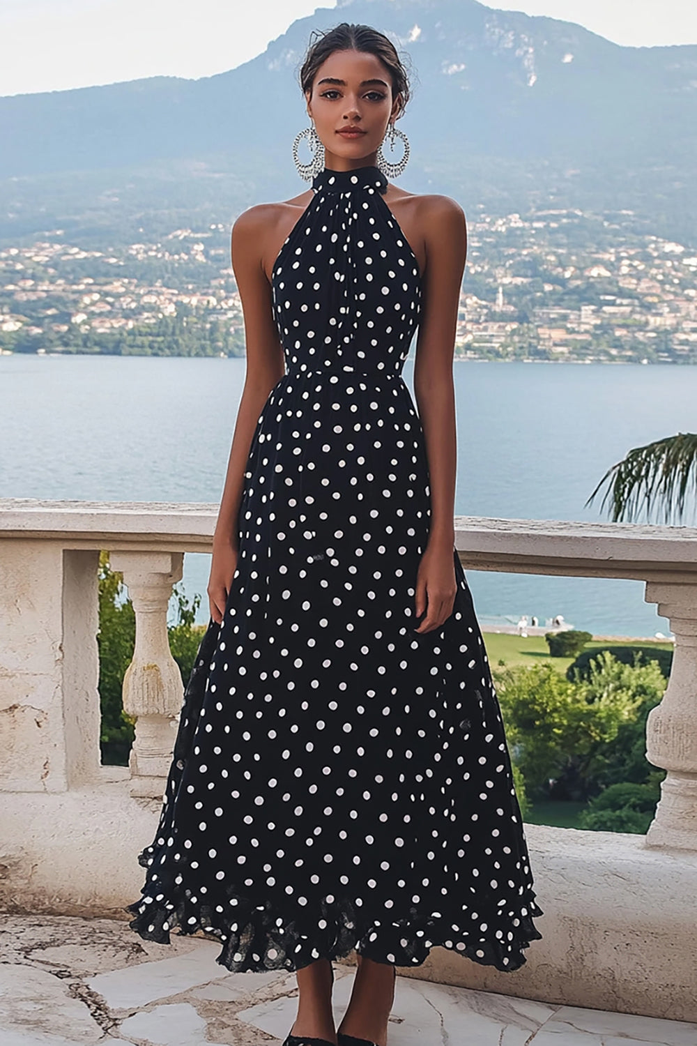 Halter Chiffon A Line Black White Polka Dot Graduation Dress