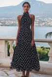 Halter Chiffon A Line Black White Polka Dot Graduation Dress