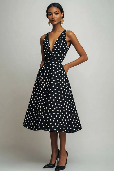 Berylove Women A Line Graduation Dress Black White Polka Dot V-Neck Midi  Party Dress