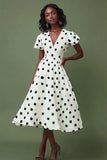 White Black Polka Dot Graduation Dress with Short Sleeves