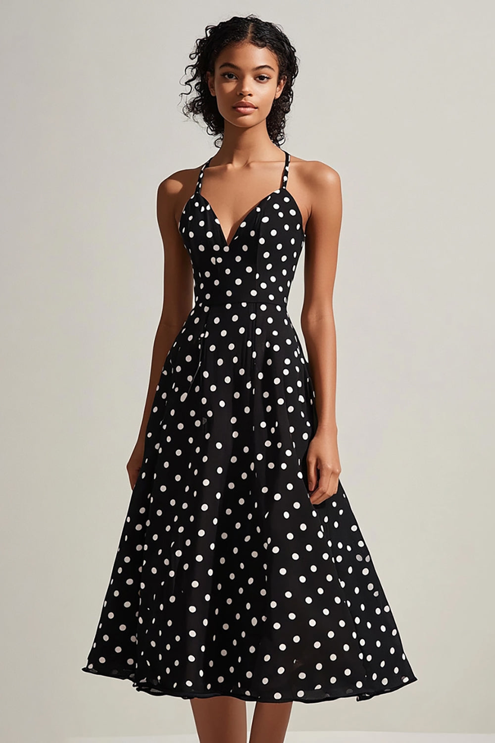 Black White Polka Dot Spaghetti Straps Midi Graduation Dress
