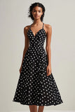 Black White Polka Dot Spaghetti Straps Midi Graduation Dress