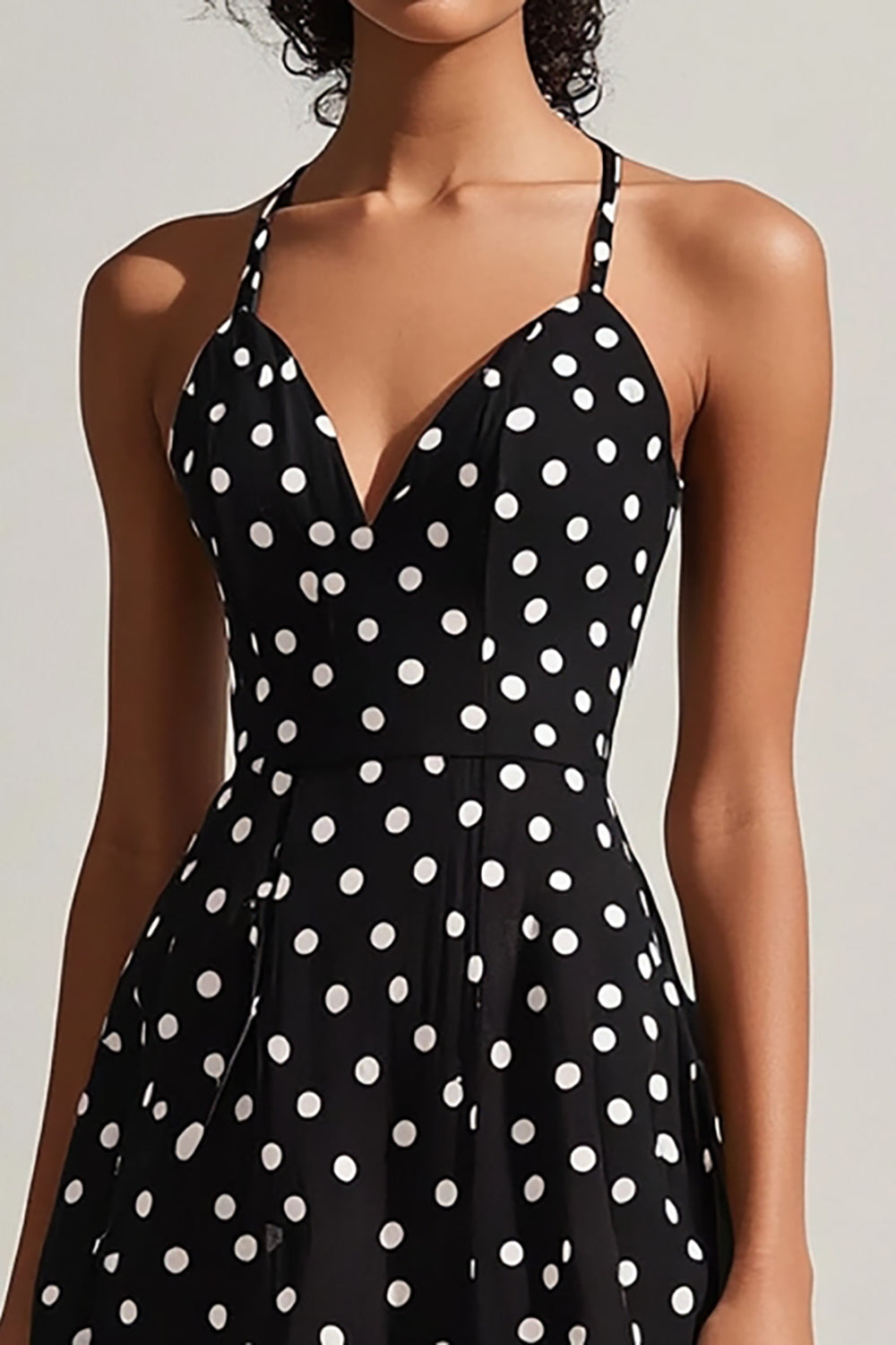 Black White Polka Dot Spaghetti Straps Midi Graduation Dress
