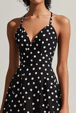 Black White Polka Dot Spaghetti Straps Midi Graduation Dress