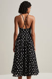 Black White Polka Dot Spaghetti Straps Midi Graduation Dress