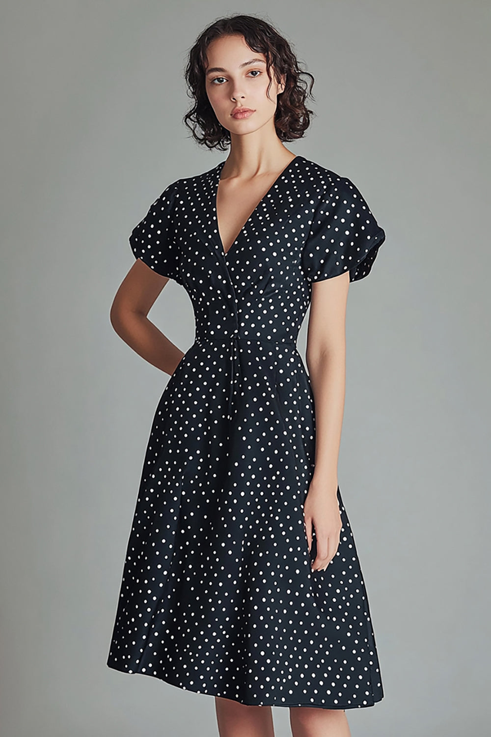 Black White Polka Dot Knee Length Graduation Dress with Short Sleeves