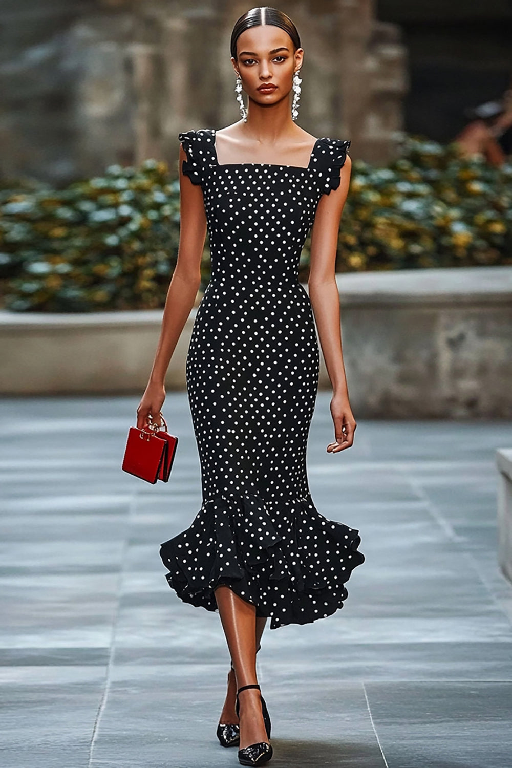 Mermaid Black White Polka Dot Ruffled Graduation Dress