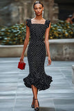 Mermaid Black White Polka Dot Ruffled Graduation Dress