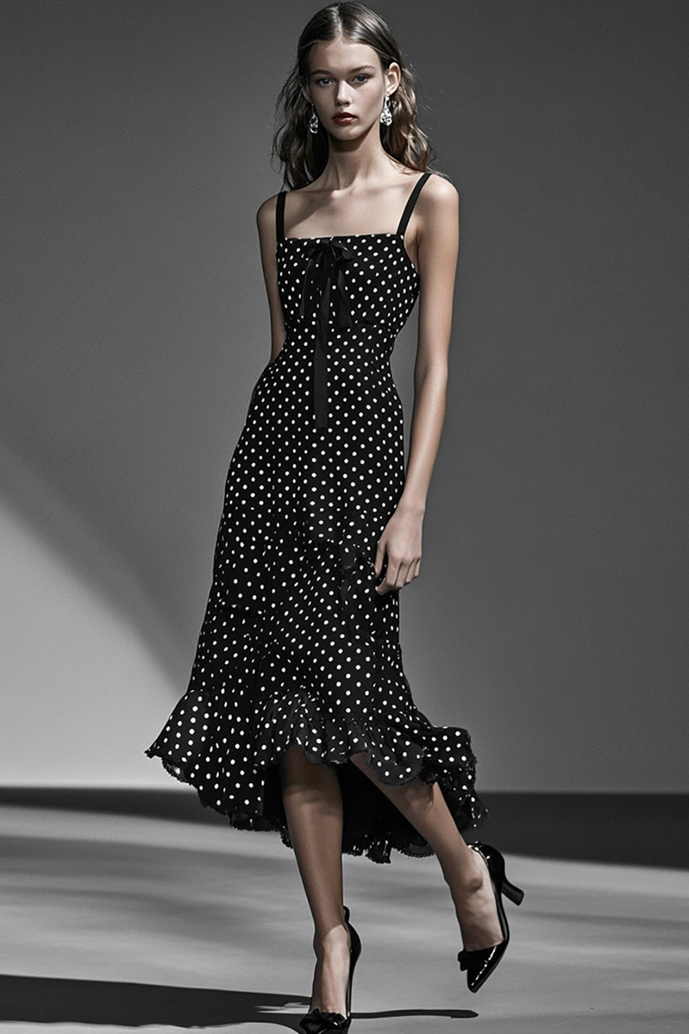Chiffon Black White Polka Dot Graduation Dress with Ruffles