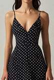 Black White Polka Dot A Line Tea Length Graduation Dress