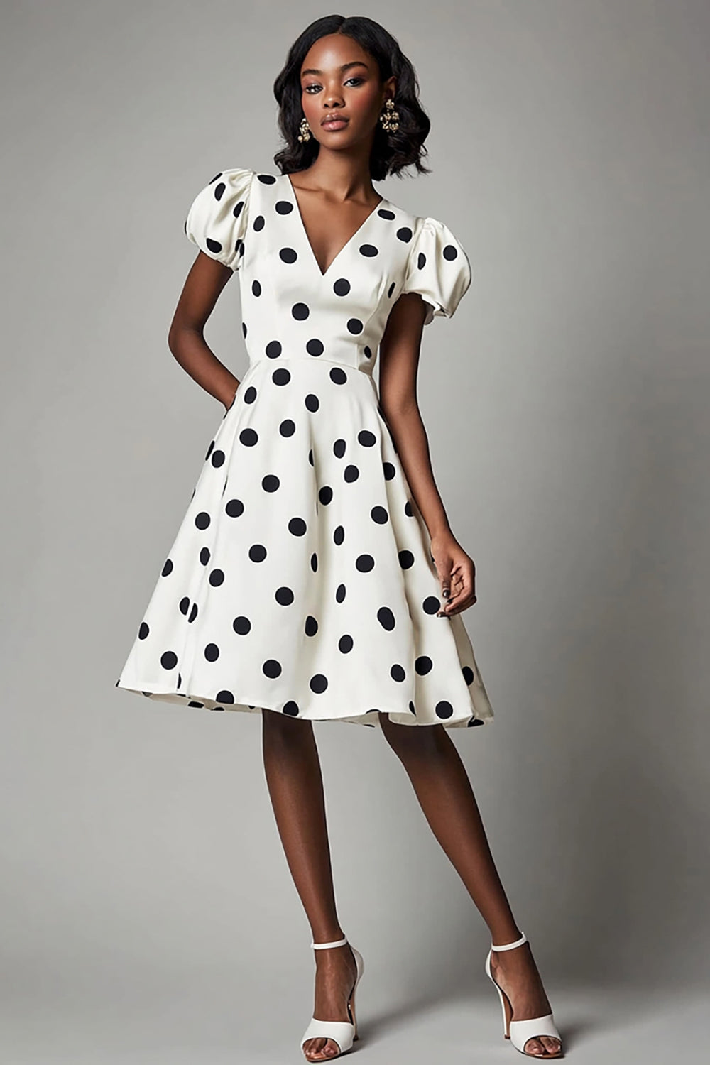 White Black Polka Dot Graduation Dress with Puff Sleeves