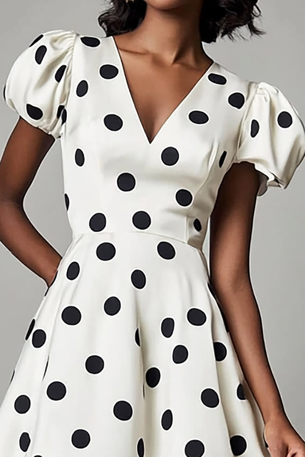 White Black Polka Dot Graduation Dress with Puff Sleeves