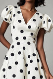White Black Polka Dot Graduation Dress with Puff Sleeves