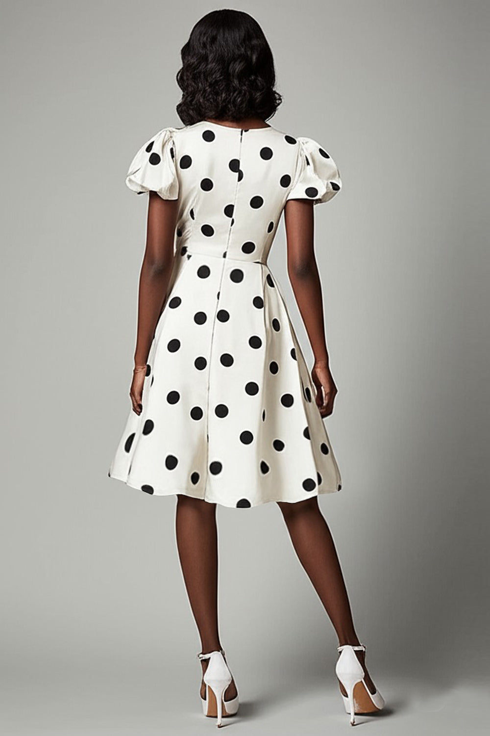 White Black Polka Dot Graduation Dress with Puff Sleeves