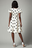 White Black Polka Dot Graduation Dress with Puff Sleeves
