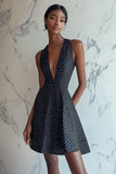 Black White Polka Dot V-Neck A Line Graduation Dress
