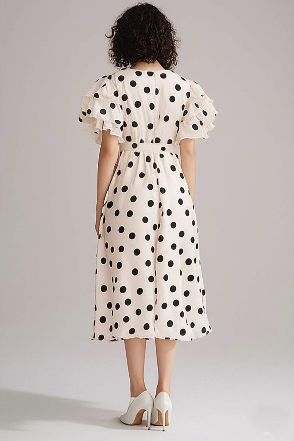 Ruffled Ivory Black Polka Dot Dress with Short Sleeves