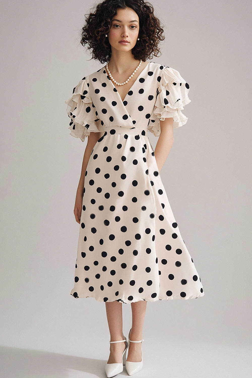 Ruffled Ivory Black Polka Dot Dress with Short Sleeves