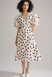 Ruffled Ivory Black Polka Dot Dress with Short Sleeves
