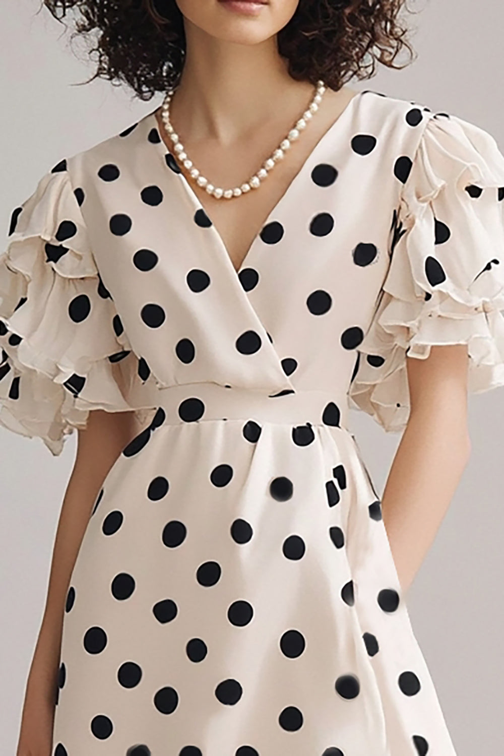 Ruffled Ivory Black Polka Dot Dress with Short Sleeves