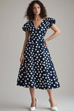 Navy White A Line Puff Sleeve Polka Dot Dress