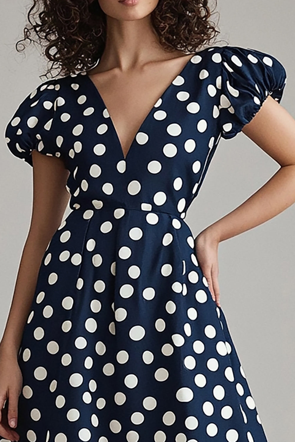 Navy White A Line Puff Sleeve Polka Dot Dress