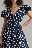 Navy White A Line Puff Sleeve Polka Dot Dress