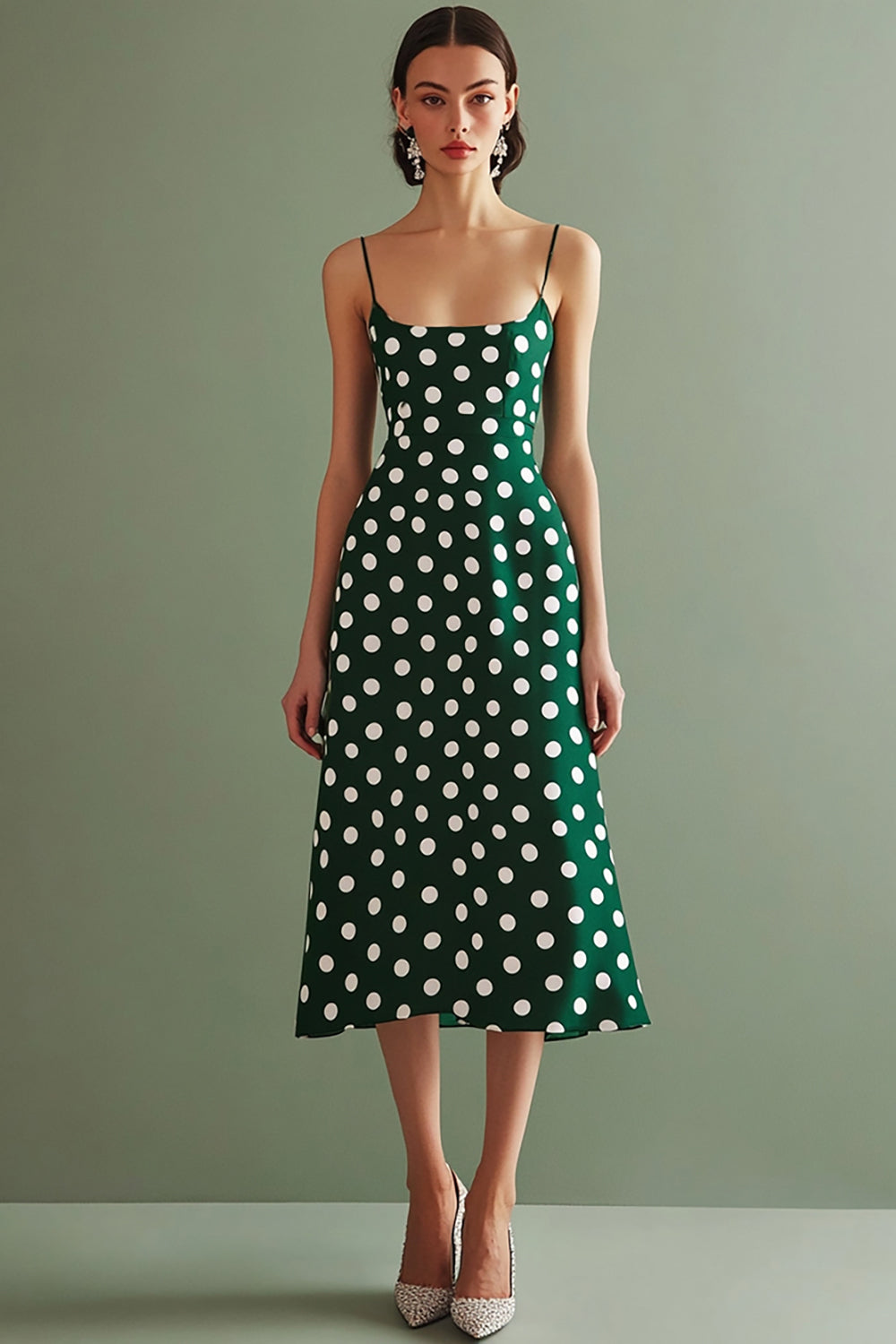 Green White A Line Midi Polka Dot Dress