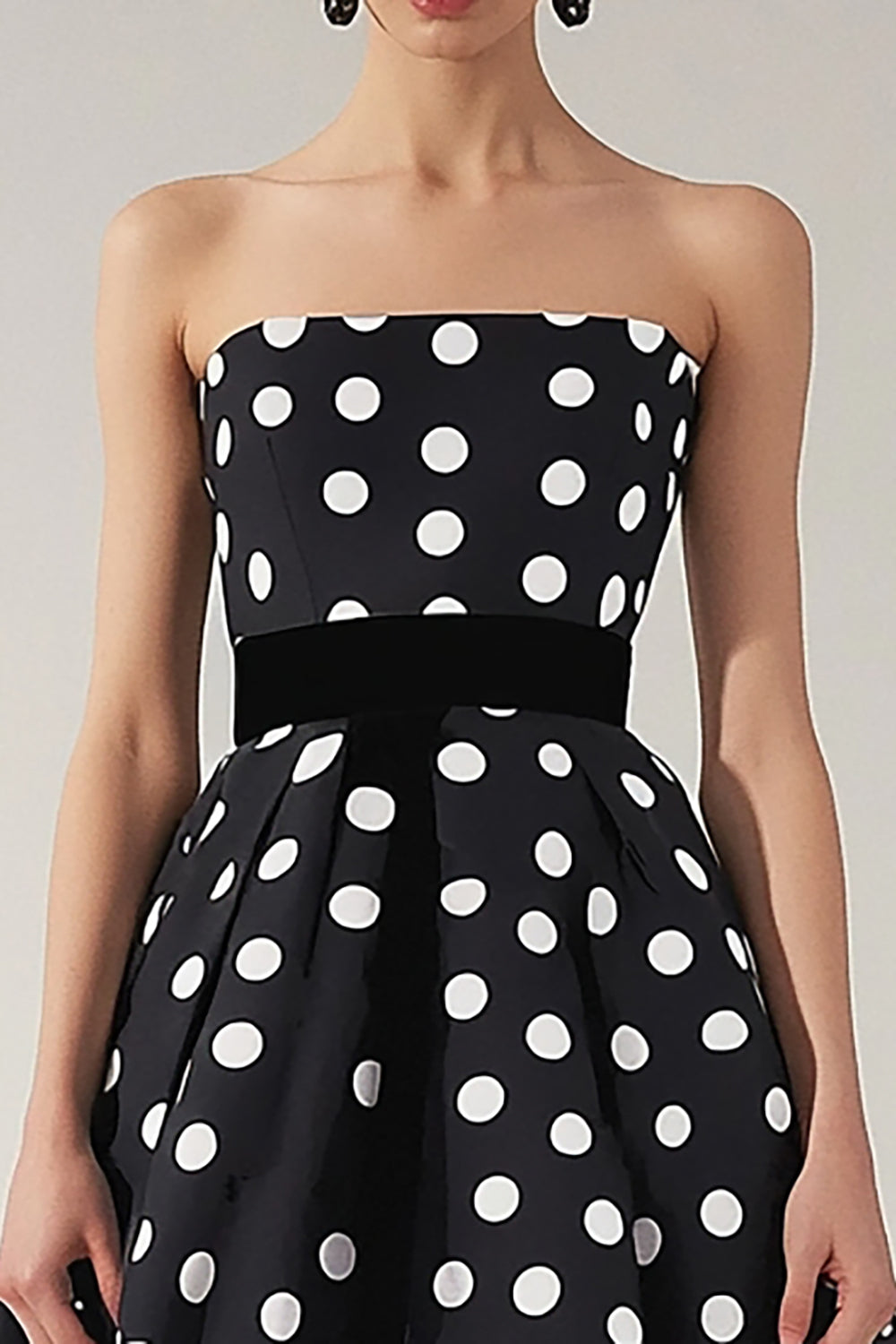 Strapless Black White A Line Polka Dot Dress