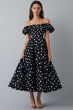 Off The Shoulder Black White Polka Dot Dress with Ruffles