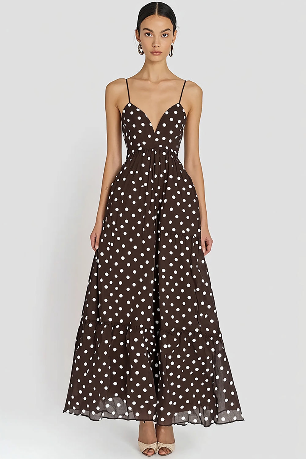 Coffee Chiffon A Line White Polka Dot Dress