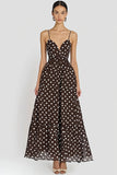 Coffee Chiffon A Line White Polka Dot Dress