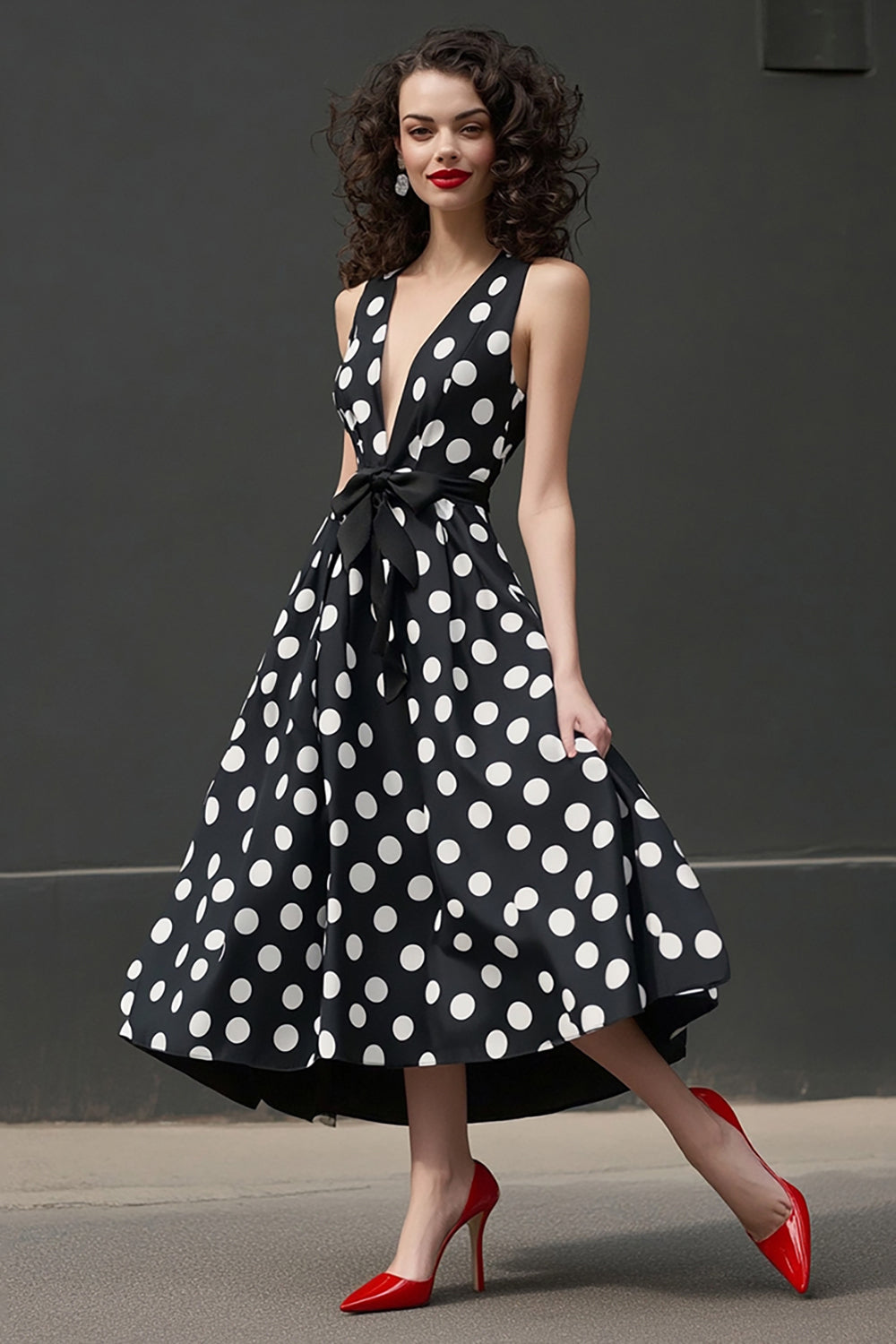 Black White A Line Polka Dot Dress with Sash