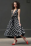 Black White A Line Polka Dot Dress with Sash