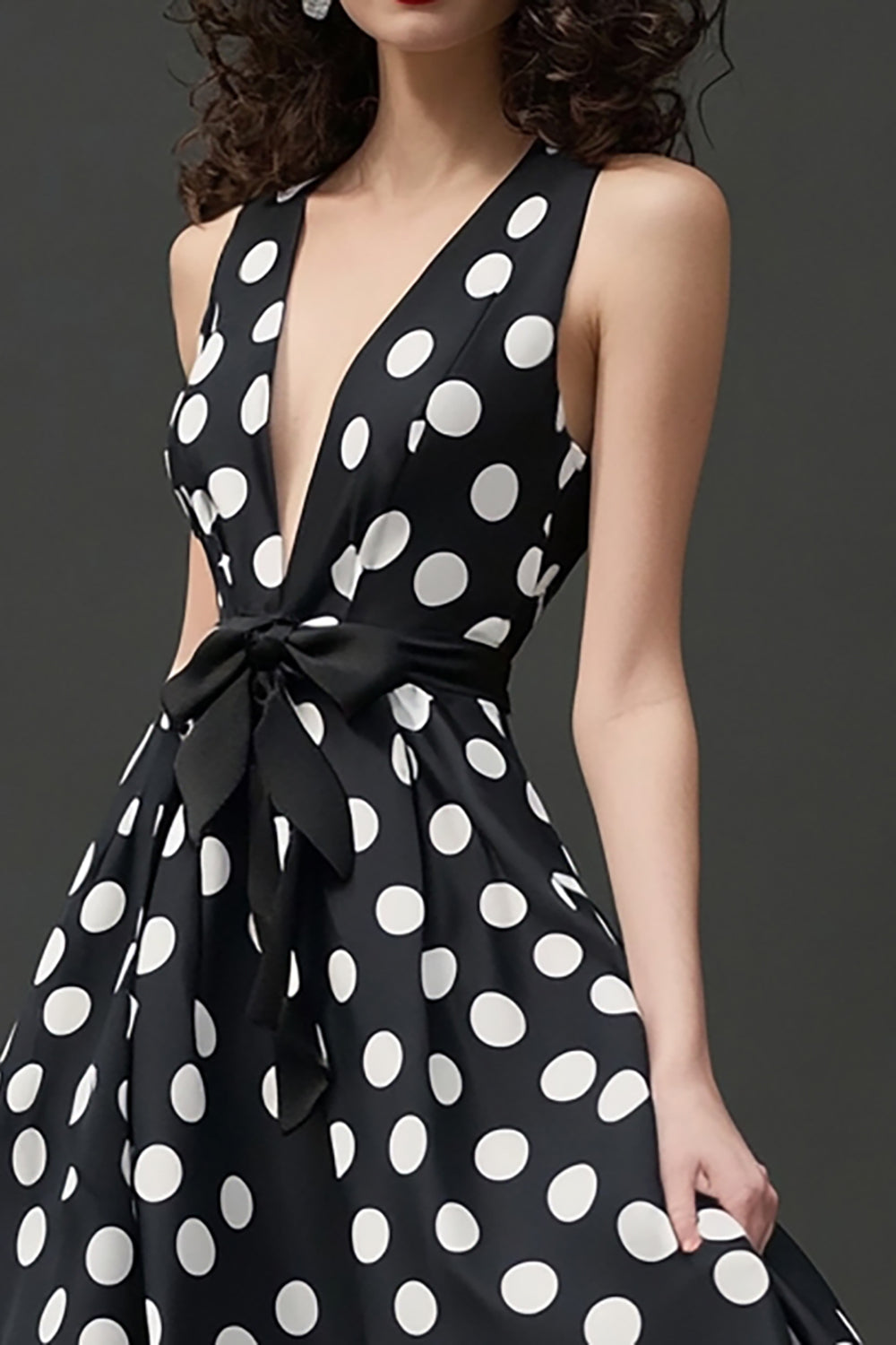 Black White A Line Polka Dot Dress with Sash
