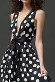 Black White A Line Polka Dot Dress with Sash