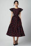 Black A Line Ruffle Sleeve Red Polka Dot Dress