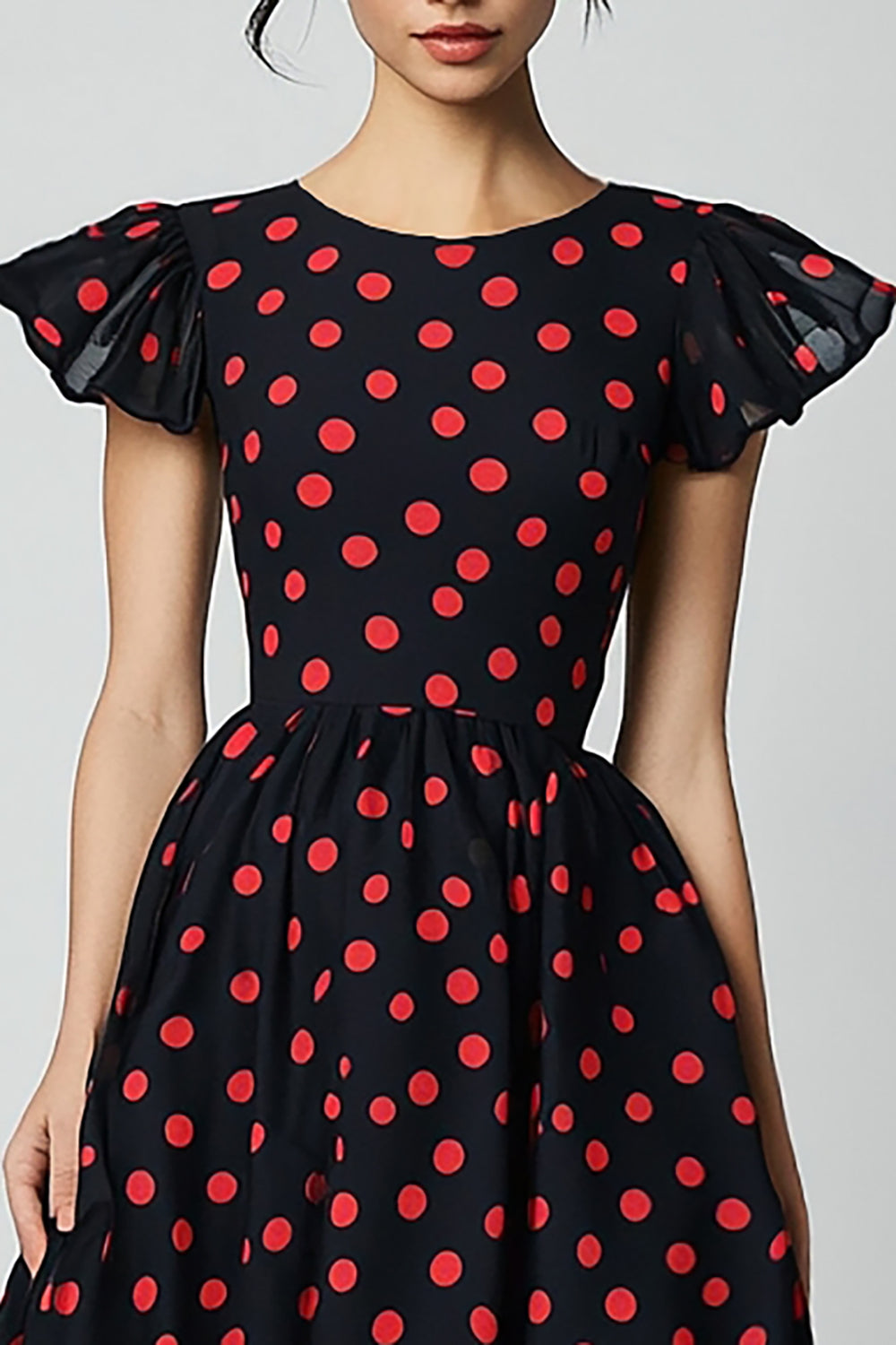 Black A Line Ruffle Sleeve Red Polka Dot Dress
