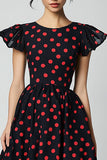 Black A Line Ruffle Sleeve Red Polka Dot Dress