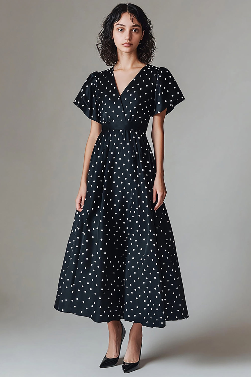 Black V-Neck White A Line Polka Dot Dress