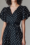 Black V-Neck White A Line Polka Dot Dress