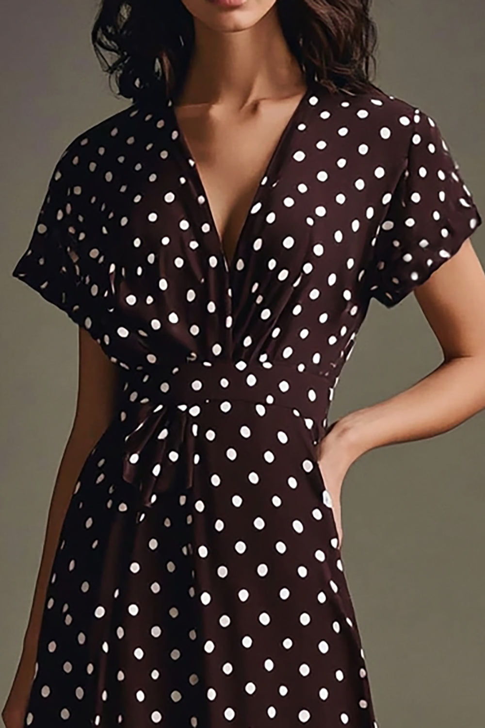 A Line Coffee White Polka Dot Dress with Short Sleeves