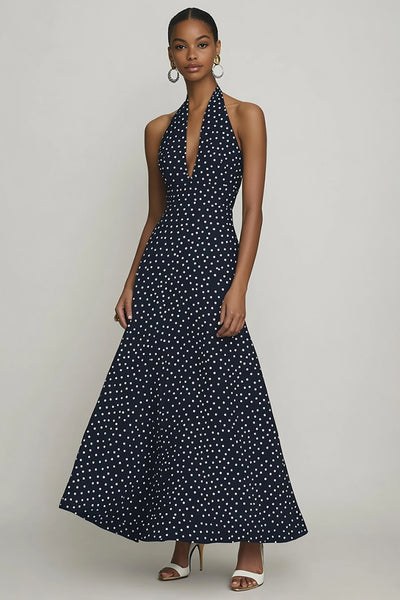 Berylove Women Halter Polka Dot Dress Black White A Line Long Holiday Dress, Black White Dot / US4