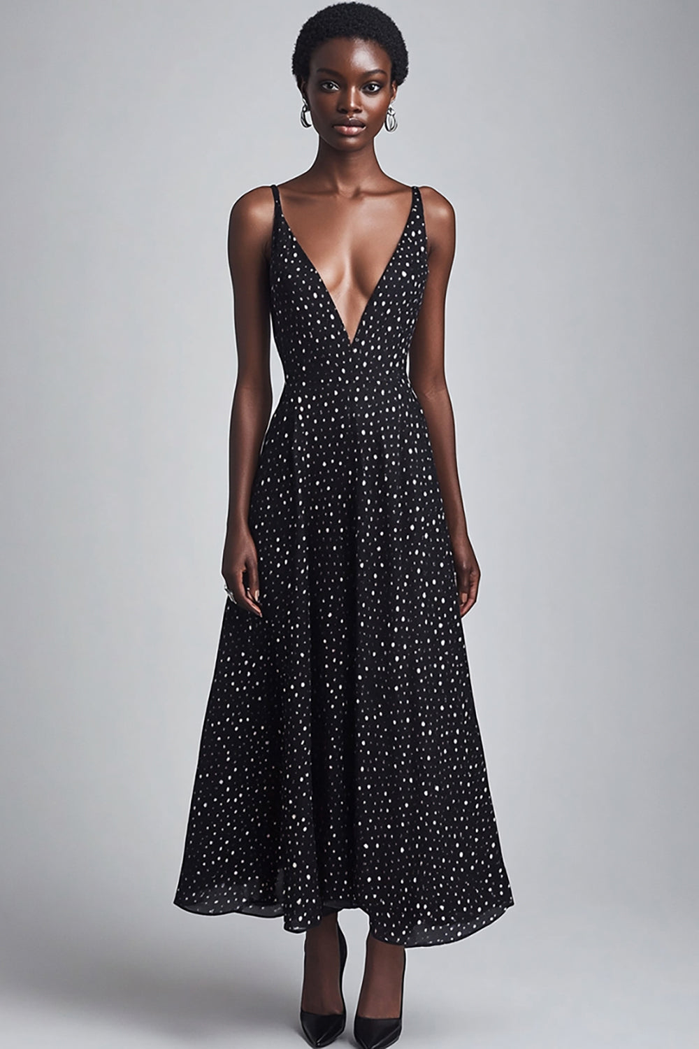 Black White A Line Chiffon Polka Dot Dress