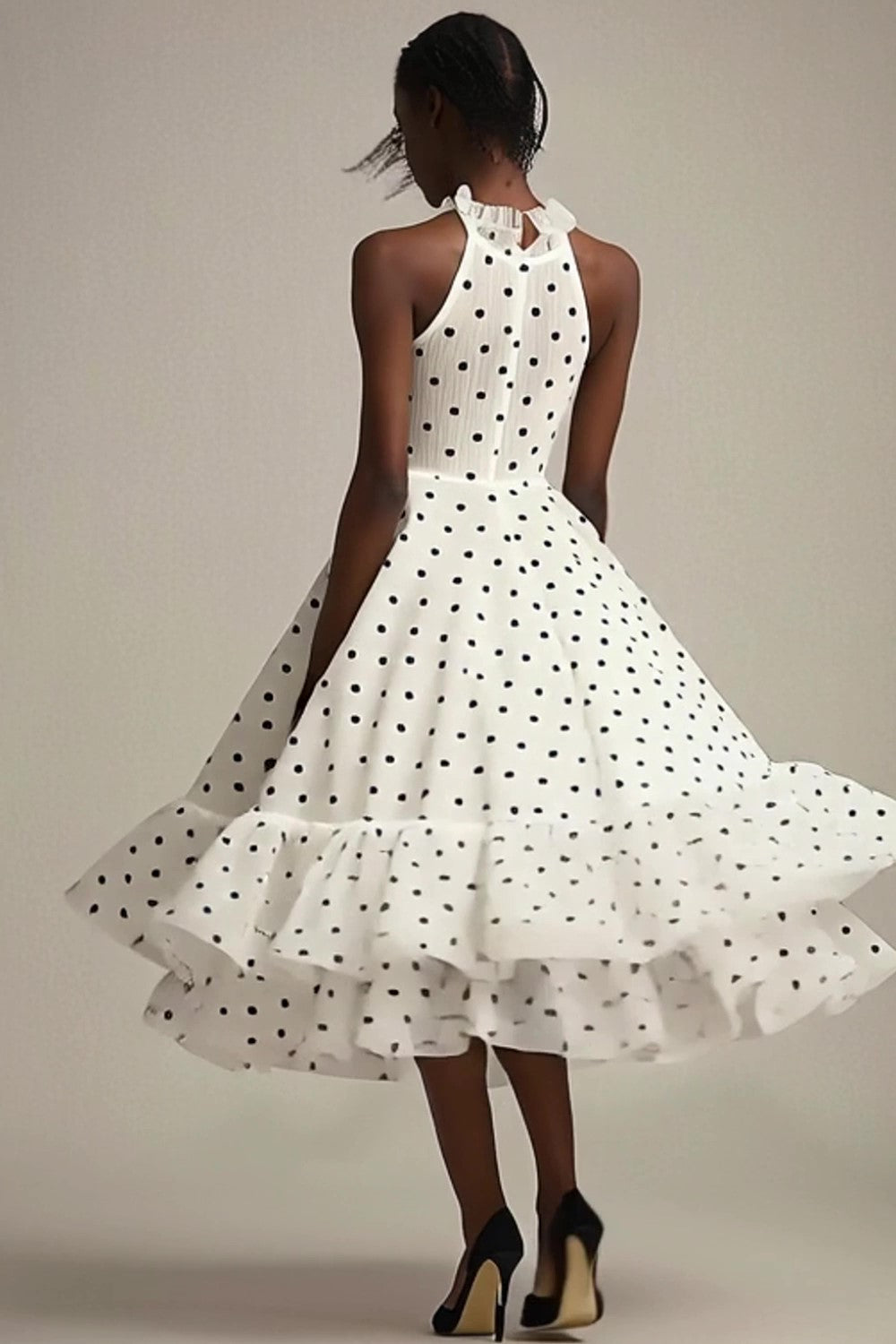 Ruffled White Black Tulle Polka Dot Dress
