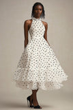 Ruffled White Black Tulle Polka Dot Dress